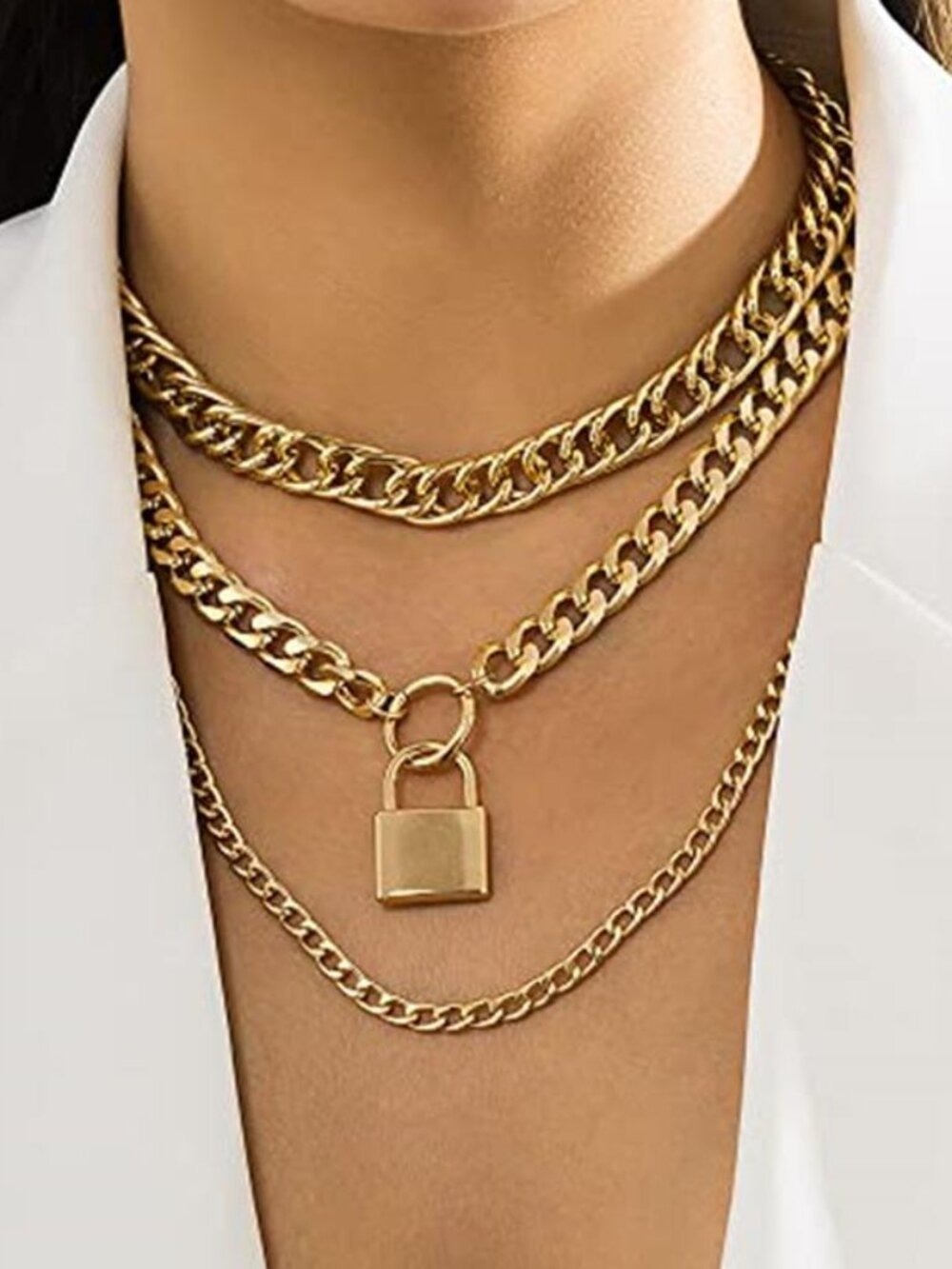 3PC Chunky Cuban Link Necklace Set Punk Layered Chain Choker for Women